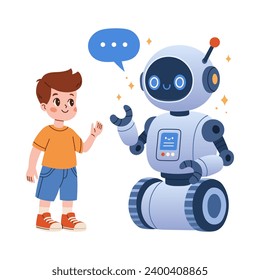 Cute Robot and boy communication. Cartoon Science Technology Concept Isolated Vector. Flat Cartoon Style