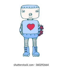 Cute robot boy with heart and bouquet of roses, kawaii vector design for Saint Valentine's Day