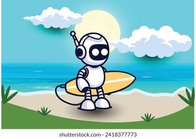 Cute Robot bring a surfboard for surfing. background on beach Cartoon Vector Icon Illustration. Concept Isolated Premium Vector.Flat Cartoon Style