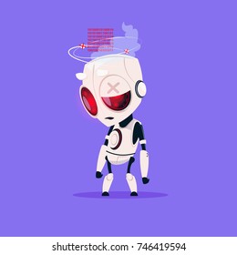 Cute Robot Broken Isolated Icon On Blue Background Modern Technology Artificial Intelligence Concept Flat Vector Illustration