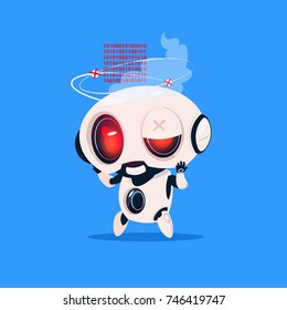 Cute Robot Broken Isolated Icon On Blue Background Modern Technology Artificial Intelligence Concept Flat Vector Illustration