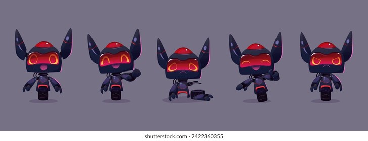 Cute robot cartoon character with different poses and face emotions. Vector illustration set of bot mascot. Artificial intelligence virtual smart cyborg assistant. Childish ai android machine.