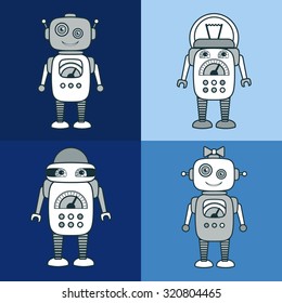 Cute Robot Cartoon Character educational flat icon template set. School, after-school business sign, mascot for kids' activities, technology education club concept. Sample text. Layered, editable