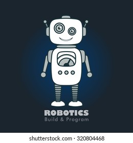 Cute Robot Cartoon Character educational flat icon template. School, after-school kids' activities, technology education club concept. Sample text. Layered, editable