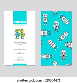 Cute Robot Cartoon Character educational flat icon & business card template. School, after-school kids' activities, technology education club concept. Sample text. Layered, editable