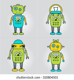 Cute Robot Cartoon Character educational flat icon template. School, after-school kids' activities, technology education club concept. Sample text. Layered, editable