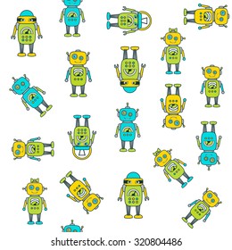 Cute Robot Cartoon Character seamless vector pattern. Flat icon template set. School, after-school kids' activities, technology education concept. Use for youth targeted product decoration. Editable