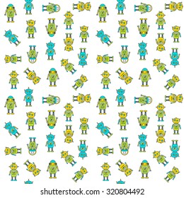 Cute Robot Cartoon Character seamless vector pattern. Flat icon template set. School, after-school kids' activities, technology education concept. Use for youth targeted product decoration. Editable