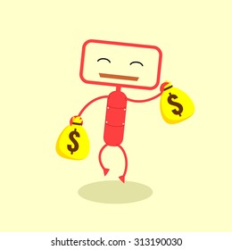Cute robot cartoon character with two money bags