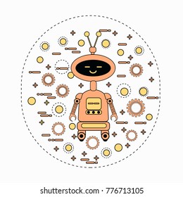 Cute Robot Cartoon Robotic Character Vintage Icon Thin Line Vector Illustration