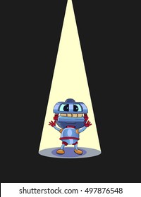 cute robot cartoon standing with spot lamp over his head vector illustration