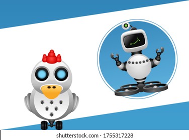 Cute robot character with chicken robot.Vector illustration of robotic farm technology for chicken industry.