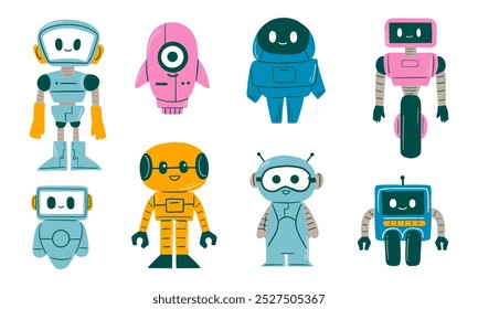 Cute Robot Character Collection. A fun collection of eight cute robot characters in various styles and designs, perfect for sci-fi, tech, or playful design projects