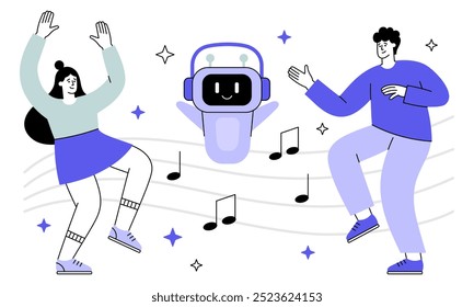 Cute robot character create music. People dancing flat vector illustration. Virtual composer assistant. Artificial intelligence concept