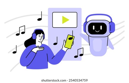 Cute robot character create music. Woman listens to music on headphones flat vector illustration. Virtual composer assistant. Artificial intelligence concept