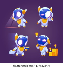 Cute robot character in different poses. Vector set of cartoon chat bot, funny electronic cyborg looks through magnifying glass, delivers mail, thinks about idea. Creative emoji set, smart mascot