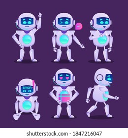 Cute robot character in different poses. Vector set of cartoon chat bot, funny electronic cyborg looks through magnifying glass, delivers mail, thinks about idea. Creative set smart mascot