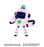 Cute robot character. Happy android with smiling face. Childish AI bot, smart assistant, funny electronic robotic machine, technology. Kids flat vector illustration isolated on white background