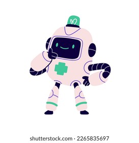 Cute robot character. Happy android with smiling face. Childish AI bot, smart assistant, funny electronic robotic machine, technology. Kids flat vector illustration isolated on white background