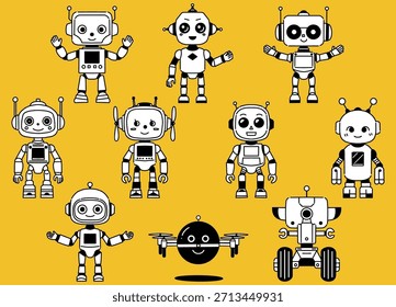 Niedlicher Roboter-Zeichensatz Linie Kunst Illustration Set