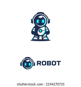 Cute Robot Character Mascot Wearing Headphones Illustration Logo