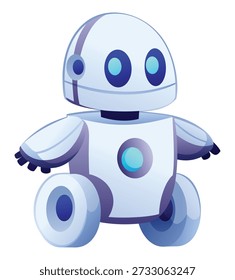 Carácter lindo del robot en las ruedas diseñadas para la automatización y la asistencia. Vector ilustración de dibujos animados