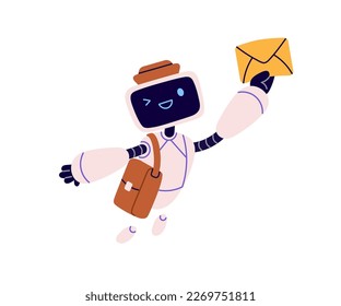 Cute robot character from post delivery service. Robotic postman with envelope. Retro android machine with email letter. Electronic mail concept. Flat vector illustration isolated on white background