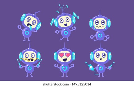 Cute Robot Character Set, Funny Adorable Robotics Showing Different Emotions Vector Illustration