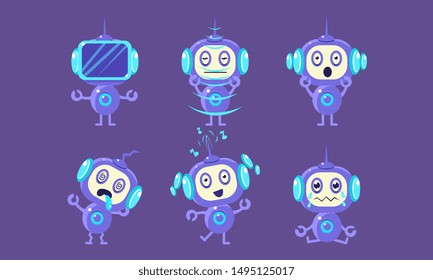 Cute Robot Character Set, Funny Robotics in Different Poses and Various Emotions Vector Illustration