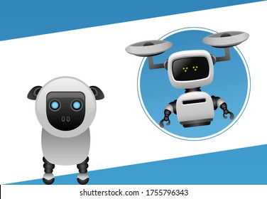 Cute Robot Character With Sheep Robot.Vector Illustration Of Illustration Of Farm Technology Series With Sheep.