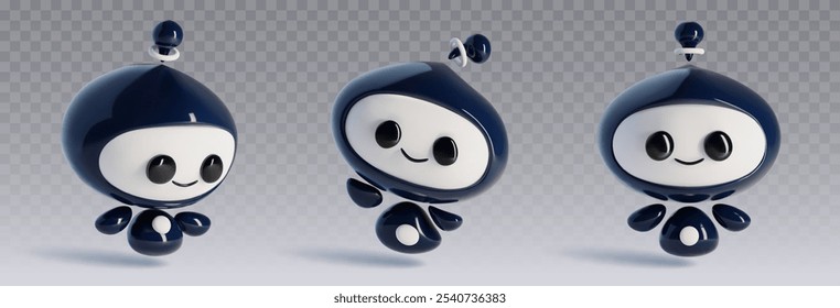 Cute robot character with smile face. 3d realistic vector set of cartoon funny ai chatbot mascot in different poses. Artificial intelligence electronic agent. Friendly digital support assistant.