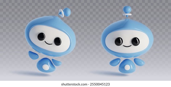 Cute robot character with smile face. 3d realistic vector set of cartoon funny ai chatbot mascot in different poses. Artificial intelligence electronic agent. Friendly digital support assistant.