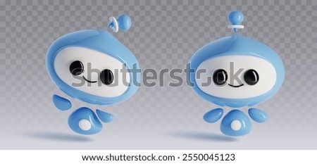 Cute robot character with smile face. 3d realistic vector set of cartoon funny ai chatbot mascot in different poses. Artificial intelligence electronic agent. Friendly digital support assistant.