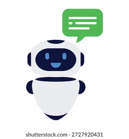 Personaje lindo del robot con la burbuja del discurso y la cara sonriente que habla al icono de la interfaz de usuario