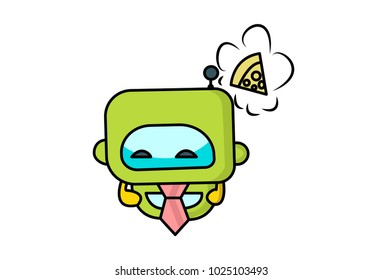 Cute Robot Character thinking of Pizza. Vector Illustration. Isolated on white background.