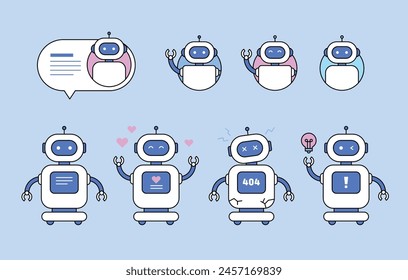 Un lindo personaje robot con varias expresiones y movimientos faciales. Icono de chatbot para consulta. Ilustración con contorno.