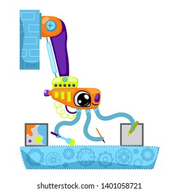 Cute robot character vector illustration on white background. Automatic machine drawing on conveyor belt. Artificial intelligence concept for children. Friendly robot clipart. Fantastic toy for kids