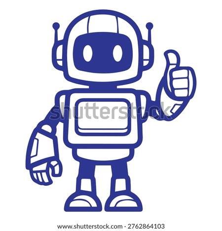Cute robot character vector illustration, thumbs up gesture, technology assistant mascot, friendly machine graphic.