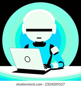 Cute robot character working at laptop computer on desk with bright background
