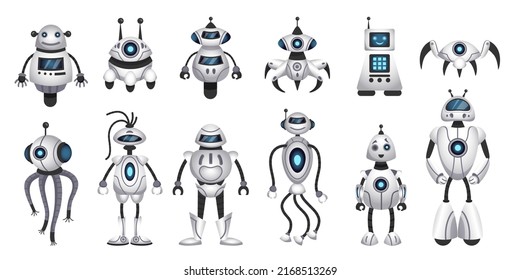 Personajes de robot. Etiquetas de ciencia digital para el juego. Feliz máquina de inteligencia artificial. Automatización en blanco. Bot androide futurista. Juego de juguetes de ciborg robóticos para la innovación de vectores