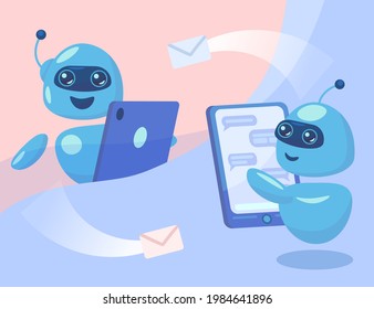 Cute robot characters sending messages from phones illustration. Cartoon chatbots chatting over mobile. Modern robots, online communication, artificial intelligence concept