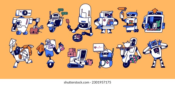 Cute robot characters set. Android bots, AI assistants in retro futuristic style. Smart service machines, funny childish humanoids, cyborgs cooking, repairing. Isolated flat vector illustration