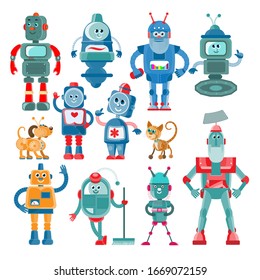 Cute robot characters of various shapes and colors set cartoon vector Illustrations