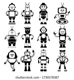 Cute robot characters of various shapes and colors set cartoon vector Illustrations