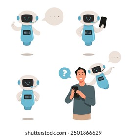 Cute robot characters wearing headphones providing customer service. A collection of vectors for online support, telemarketing and help desk on a white background.