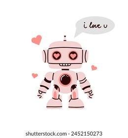 Cute robot. Chat bot mascot, AI symbol, artificial intelligence, support funny character face. Robotic technology mechanical android modern and vintage style vector cartoon flat isolated illustration