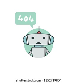 Cute robot, chat bot say 404. Vector modern flat cartoon character illustration. Isolated on white background. Speak bubble. Voice support service chat bot, virtual online help customer support.