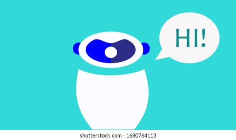 Robot lindo. Los bots de chat saludan. Ilustración de carácter plano vectorial. Aislado en fondo azul. Bot de chat del servicio de soporte de voz. Ayuda virtual en línea para el cliente. Soporte de Chatbot