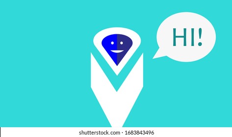 Cute  robot. Chat bot say hi. Vector flat  character illustration. Isolated on blue background. Voice support service chat bot. Virtual online help for customer. Chatbot support