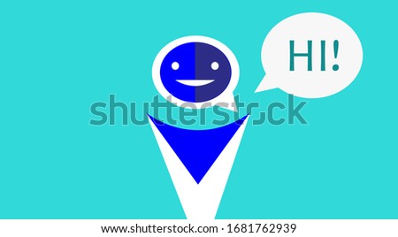 Cute  robot. Chat bot say hi. Vector flat  character illustration. Isolated on blue background. Voice support service chat bot. Virtual online help for customer. Chatbot support